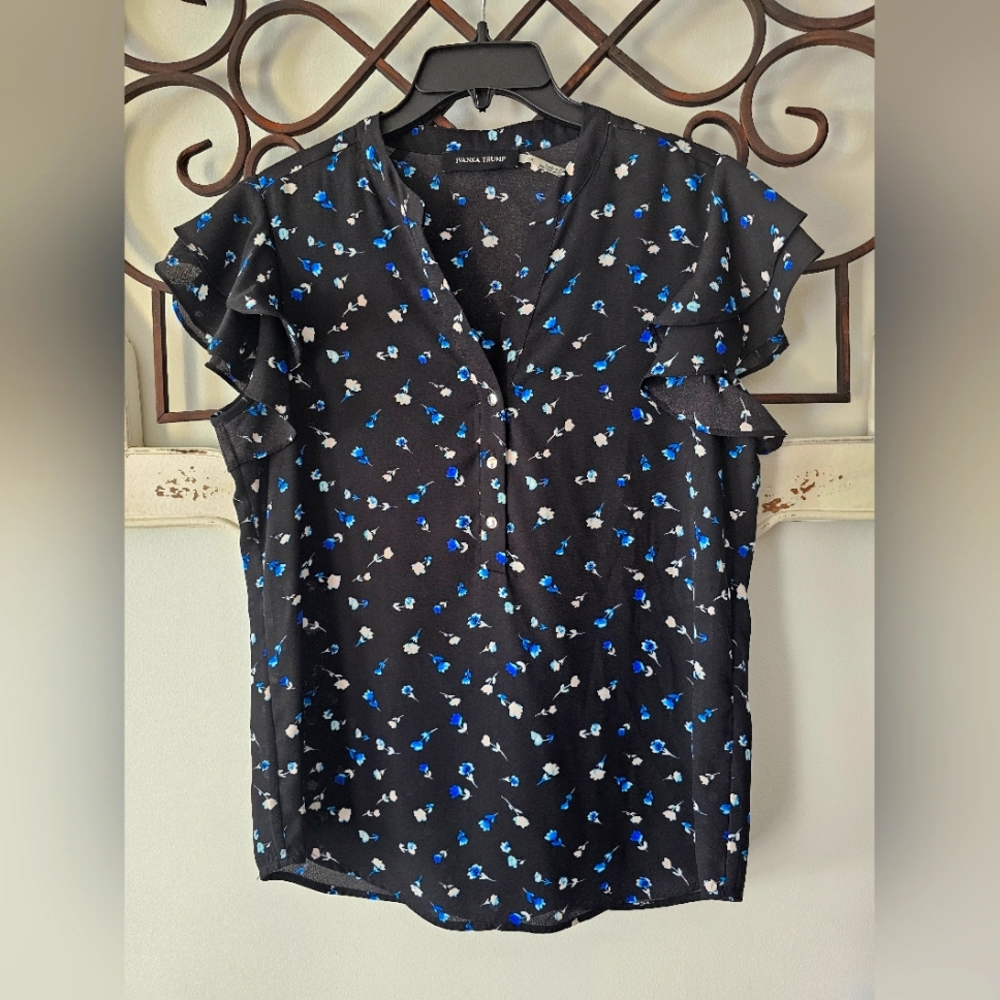 Ivanka Trump Black Floral Print  Blouse with ruffled short Sleeves